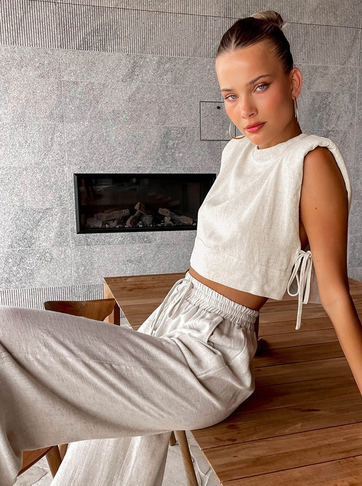 Elena | Zweiteiliges Leinen-Set mit Weitbein-Hose