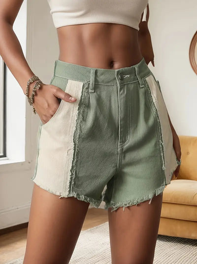 Kaye | Modische, Farbblockierte High-Waisted Denim-Shorts