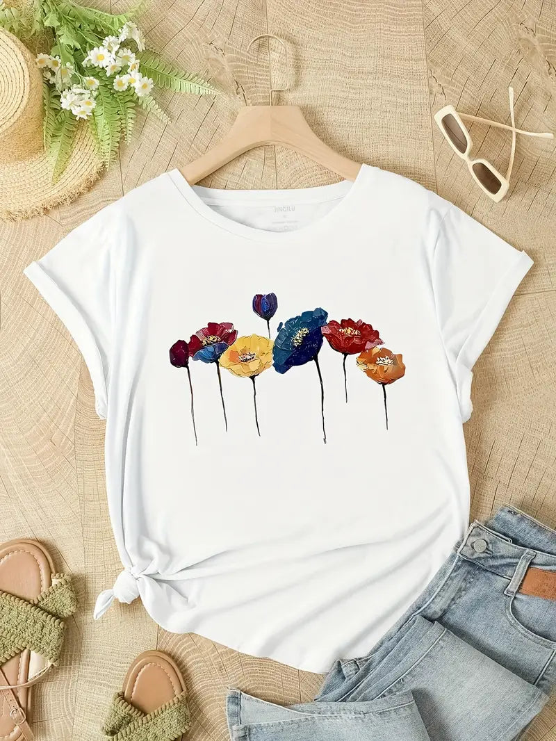 Odette | T-Shirt mit Rundhalsausschnitt und Blumendruck