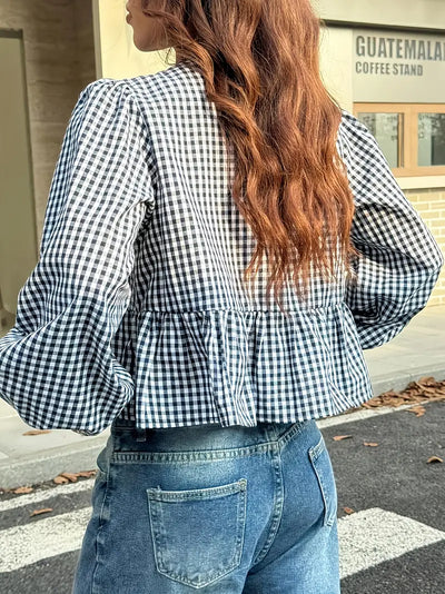 Daniela | Vintage Schwarz-Weiß Karierte Bubble Langarm-Bluse