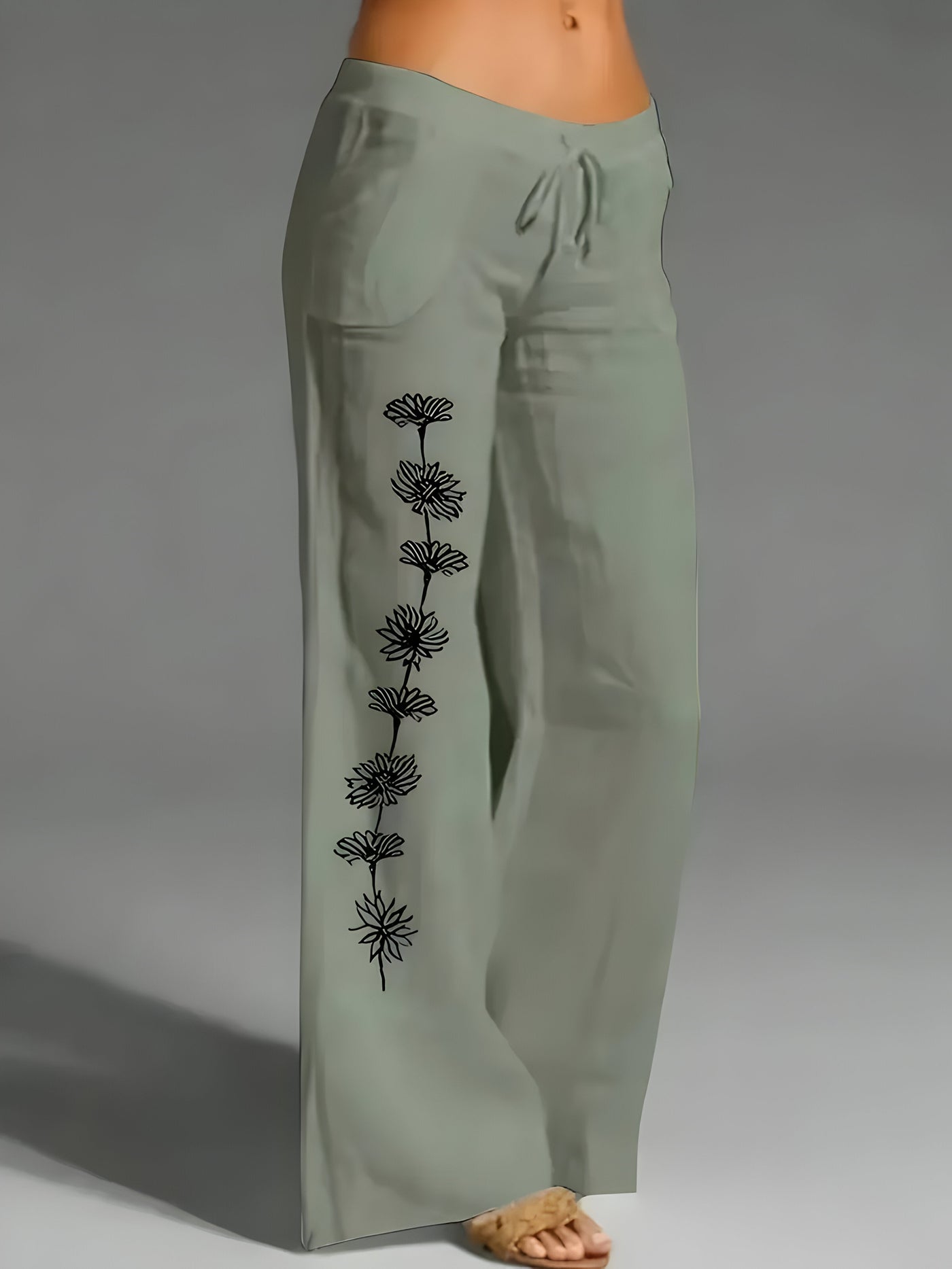 Aubrey | Lange Hose aus bedrucktem Leinen mit Kordelzug für Frauen