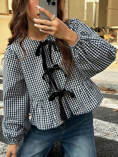 Daniela | Vintage Schwarz-Weiß Karierte Bubble Langarm-Bluse