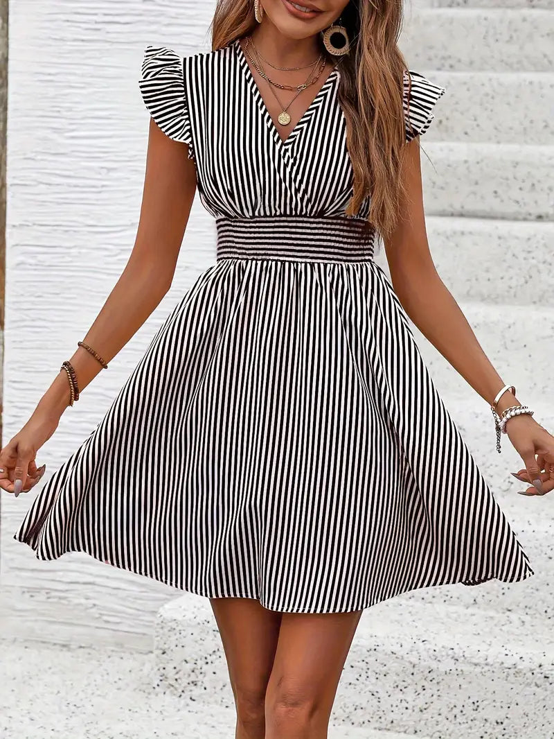 Cary | Gestreiftes Kleid mit gerafftem Halsausschnitt und geraffter Taille