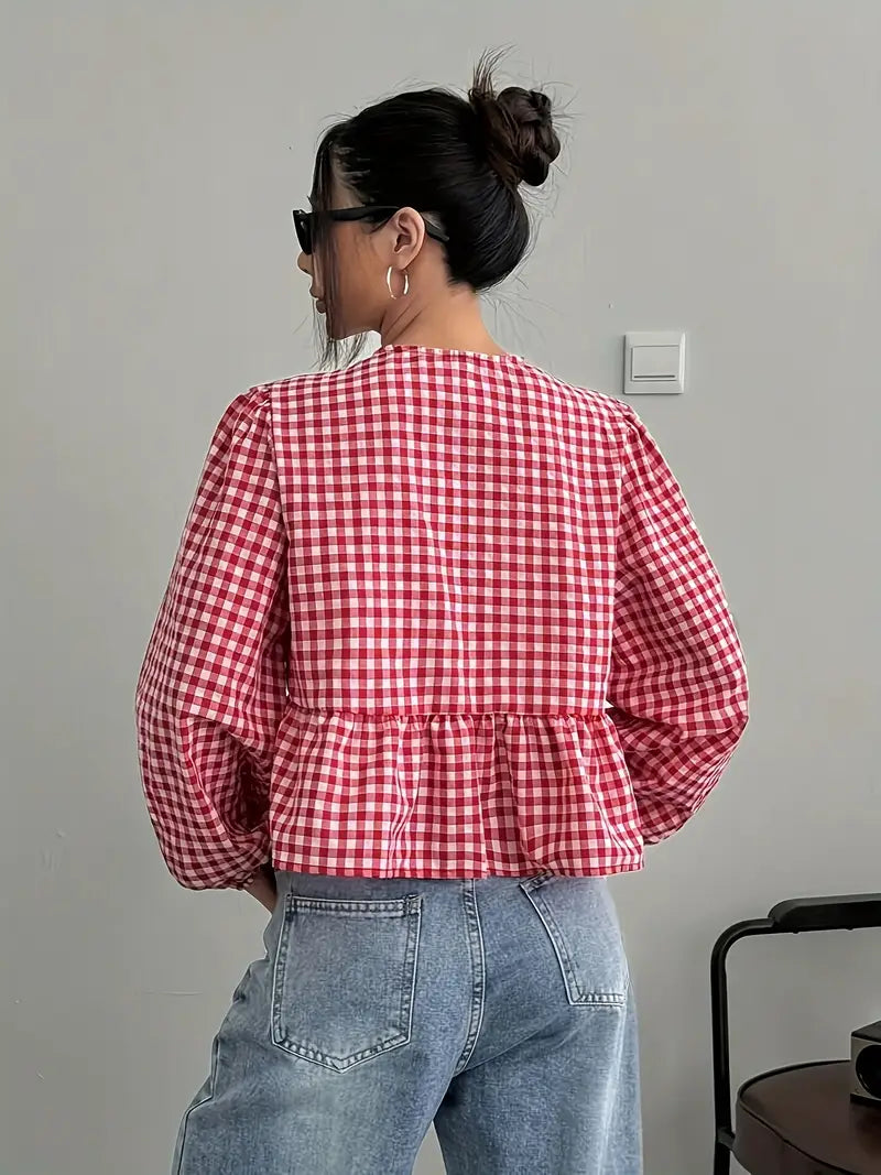 Daniela | Vintage Schwarz-Weiß Karierte Bubble Langarm-Bluse