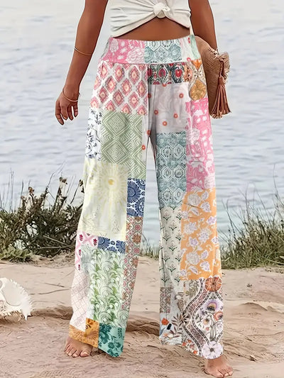 Kayleigh | Bunte Blumen-Patchwork Weitbeinige Hose
