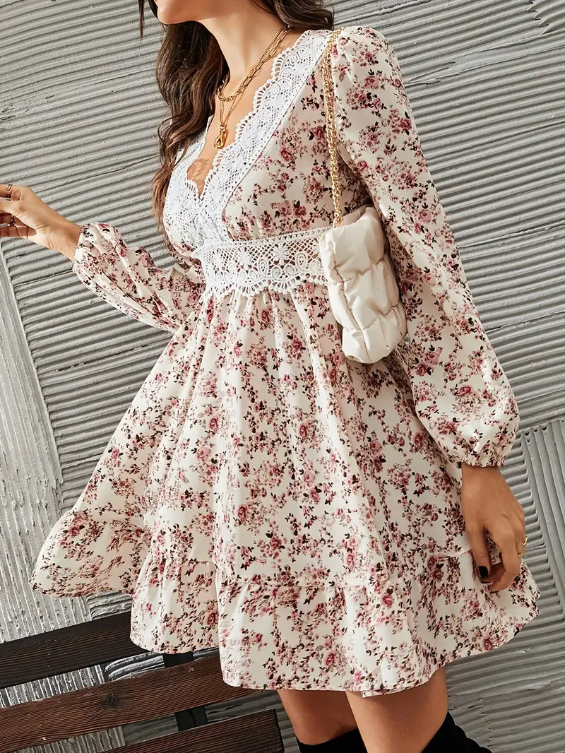Marika | Marika | Elegant Lace-Trim V-Neck Floral Print Dress