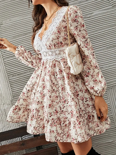 Marika | Marika | Elegant Lace-Trim V-Neck Floral Print Dress