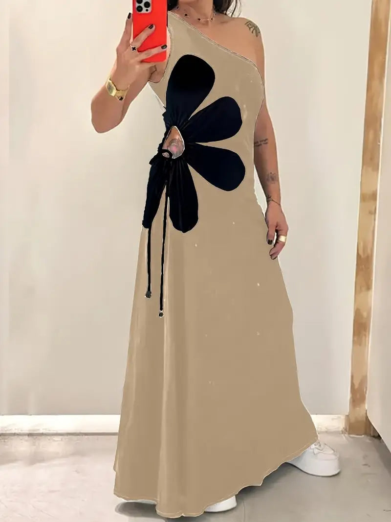 Maggie | Mode Damen Rotes Kleid mit einer Schulter und Rosa Blumendruck, ärmellos