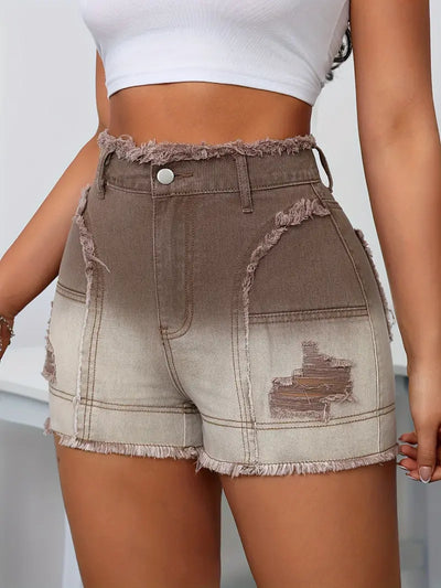 Romina | Ombre Gewaschene High-Rise Distressed Denim Shorts mit Rohkante