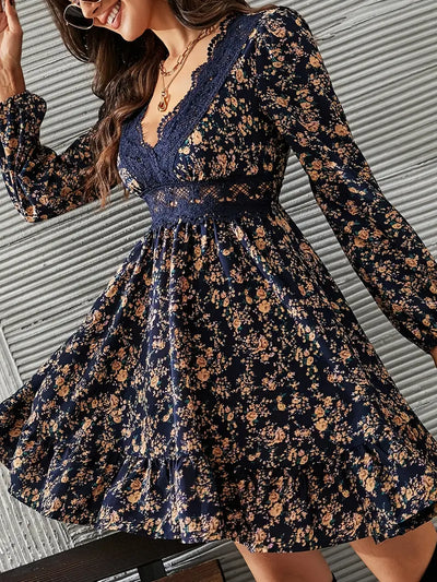 Marika | Marika | Elegant Lace-Trim V-Neck Floral Print Dress