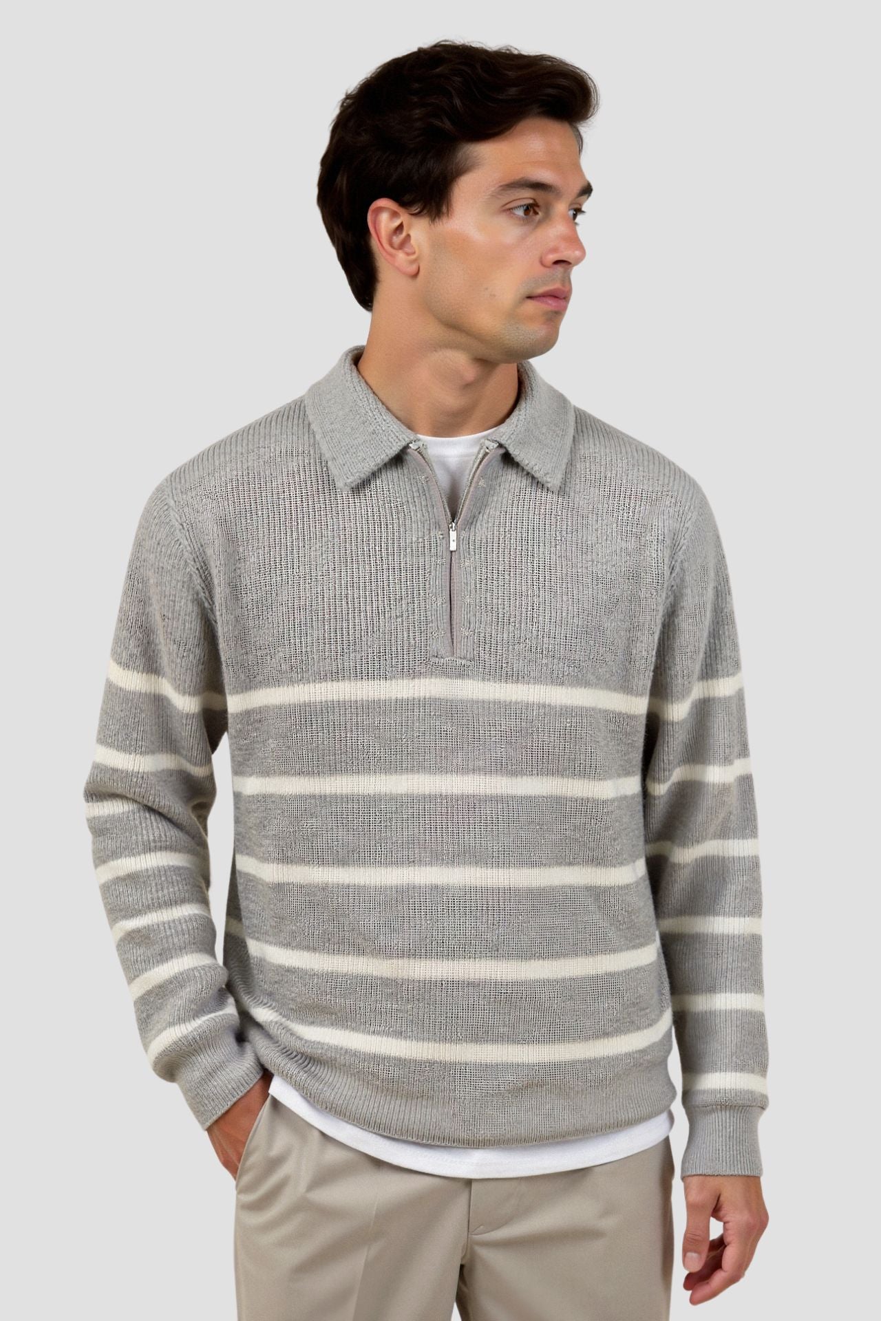 Gestreifter Strickpullover mit Reißverschlusskragen – Klassisch & Bequem
