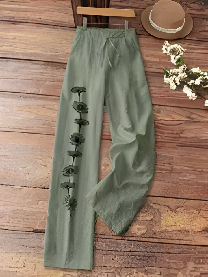 Aubrey | Lange Hose aus bedrucktem Leinen mit Kordelzug für Frauen