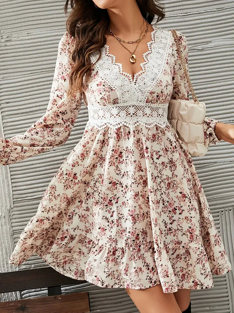 Marika | Marika | Elegant Lace-Trim V-Neck Floral Print Dress