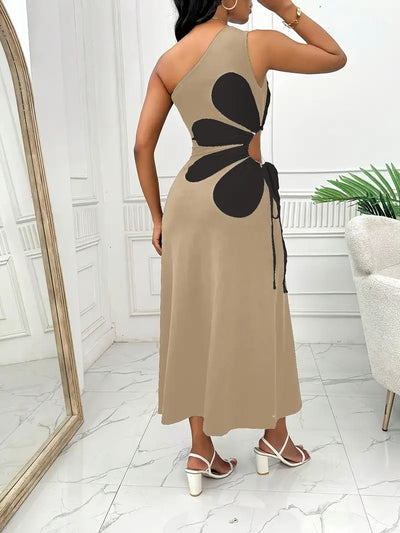 Maggie | Mode Damen Rotes Kleid mit einer Schulter und Rosa Blumendruck, ärmellos