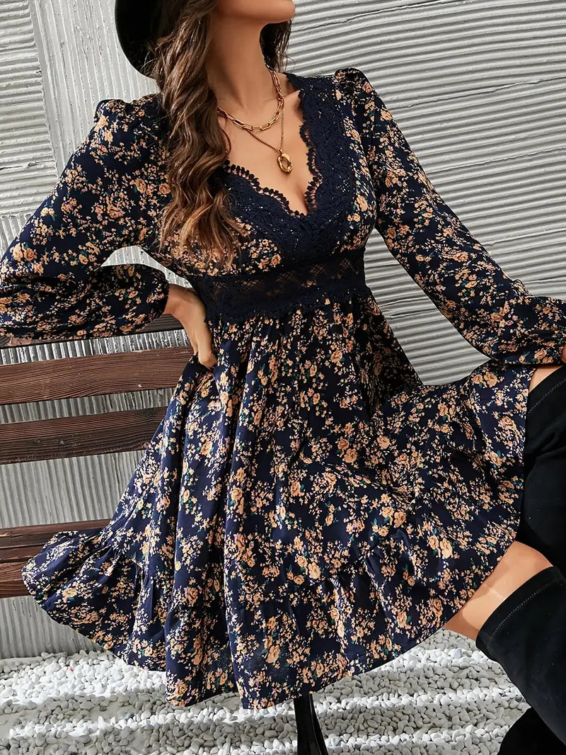 Marika | Marika | Elegant Lace-Trim V-Neck Floral Print Dress