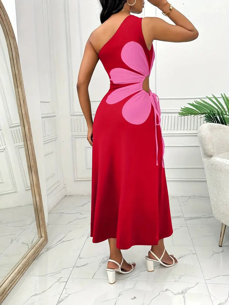 Maggie | Mode Damen Rotes Kleid mit einer Schulter und Rosa Blumendruck, ärmellos