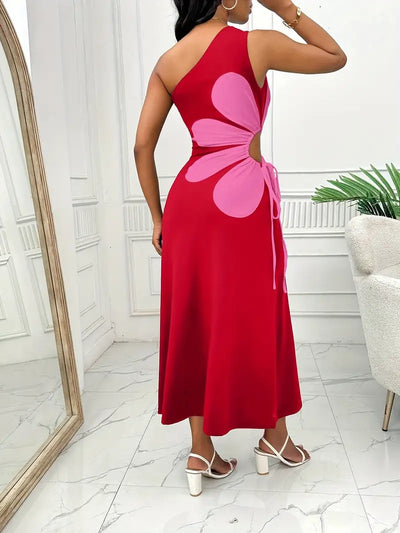 Maggie | Mode Damen Rotes Kleid mit einer Schulter und Rosa Blumendruck, ärmellos