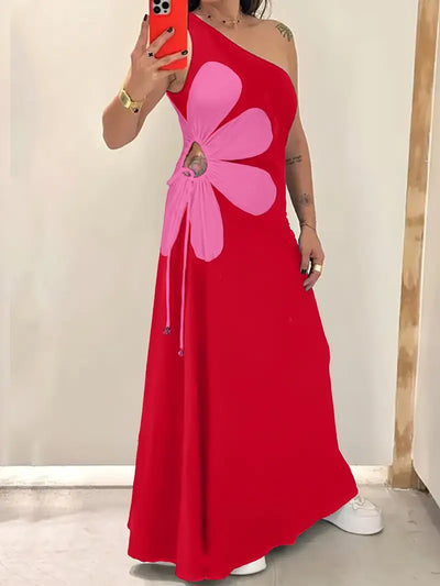 Maggie | Mode Damen Rotes Kleid mit einer Schulter und Rosa Blumendruck, ärmellos