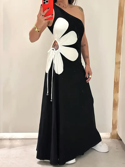 Maggie | Mode Damen Rotes Kleid mit einer Schulter und Rosa Blumendruck, ärmellos
