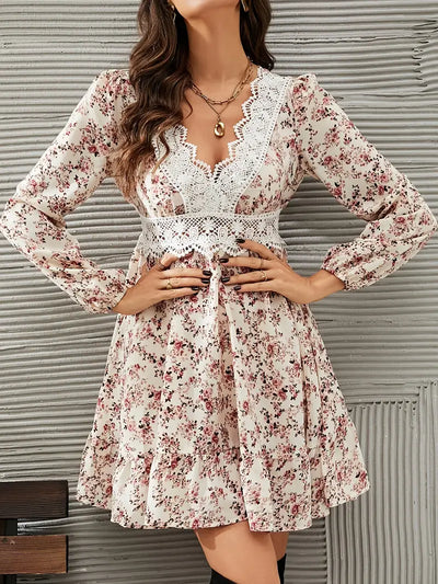 Marika | Marika | Elegant Lace-Trim V-Neck Floral Print Dress