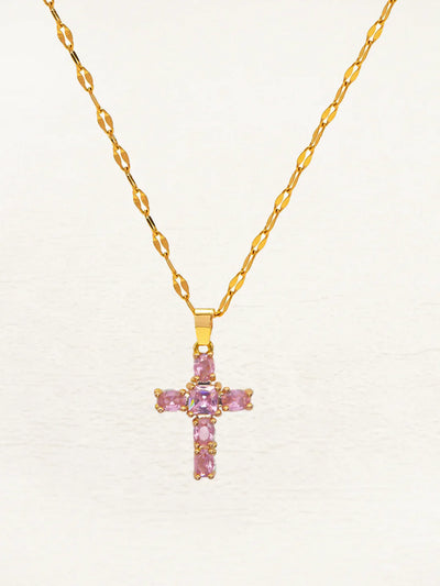 WW | Zirkonia Kreuz Halskette Gold Weiß/Pink/Schwarz