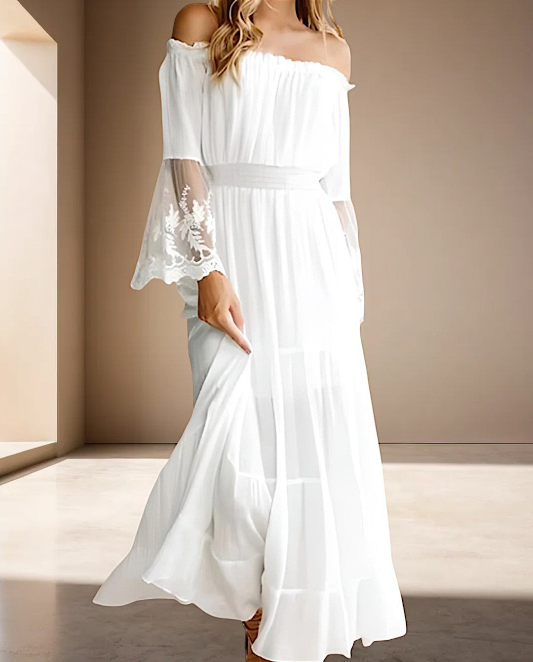 Ayla | Langes Spitzenkleid in Weiß und Schwarz
