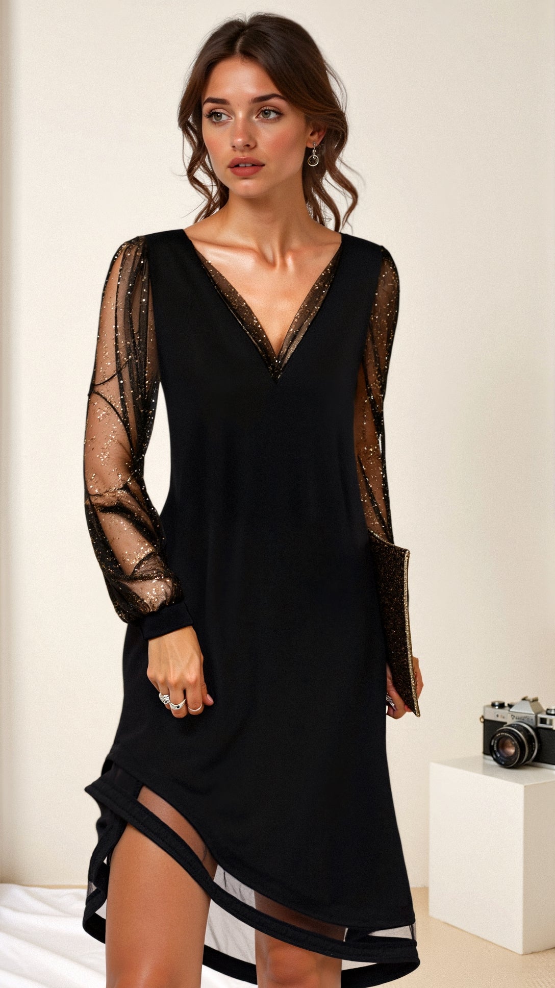 Abendkleid für Damen - Elegante Midi Glitzerkleid