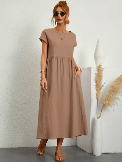 "Kimber - Midi-Relaxed Kleid mit Rundhalsausschnitt" could be rewritten as "Kimber - Midi-Relaxed Kleid mit Rundhalsdesign".