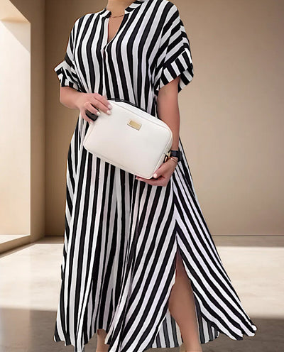 Jessamy | Gestreiftes Maxikleid mit kurzen Ärmeln und V-Ausschnitt