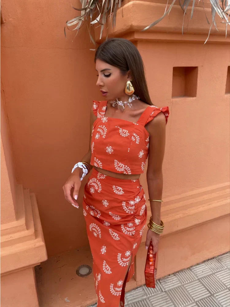 WW | Zweiteiliges Boho-Set mit kurzem Top und Midi-Rock