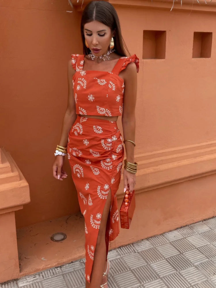 WW | Zweiteiliges Boho-Set mit kurzem Top und Midi-Rock