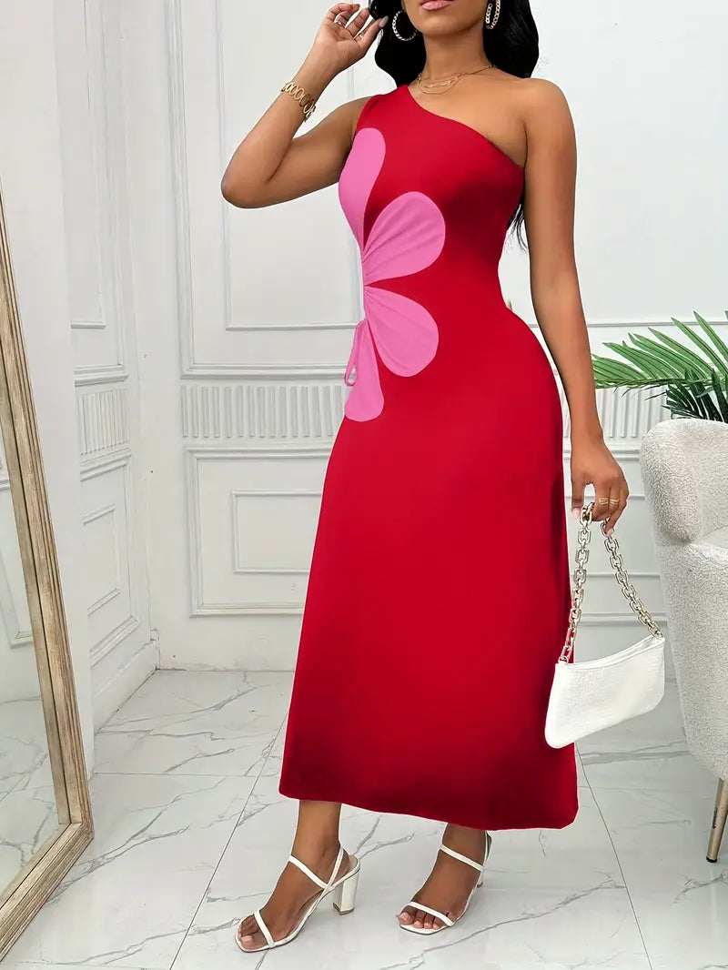 Maggie | Mode Damen Rotes Kleid mit einer Schulter und Rosa Blumendruck, ärmellos