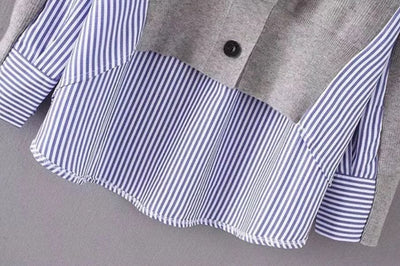 Alannah- V-Ausschnitt Langarm-Strickjacke mit gestreiftem Hemd und übergroßem dünnen Mantel