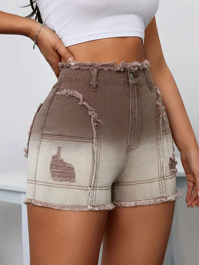 Romina | Ombre Gewaschene High-Rise Distressed Denim Shorts mit Rohkante