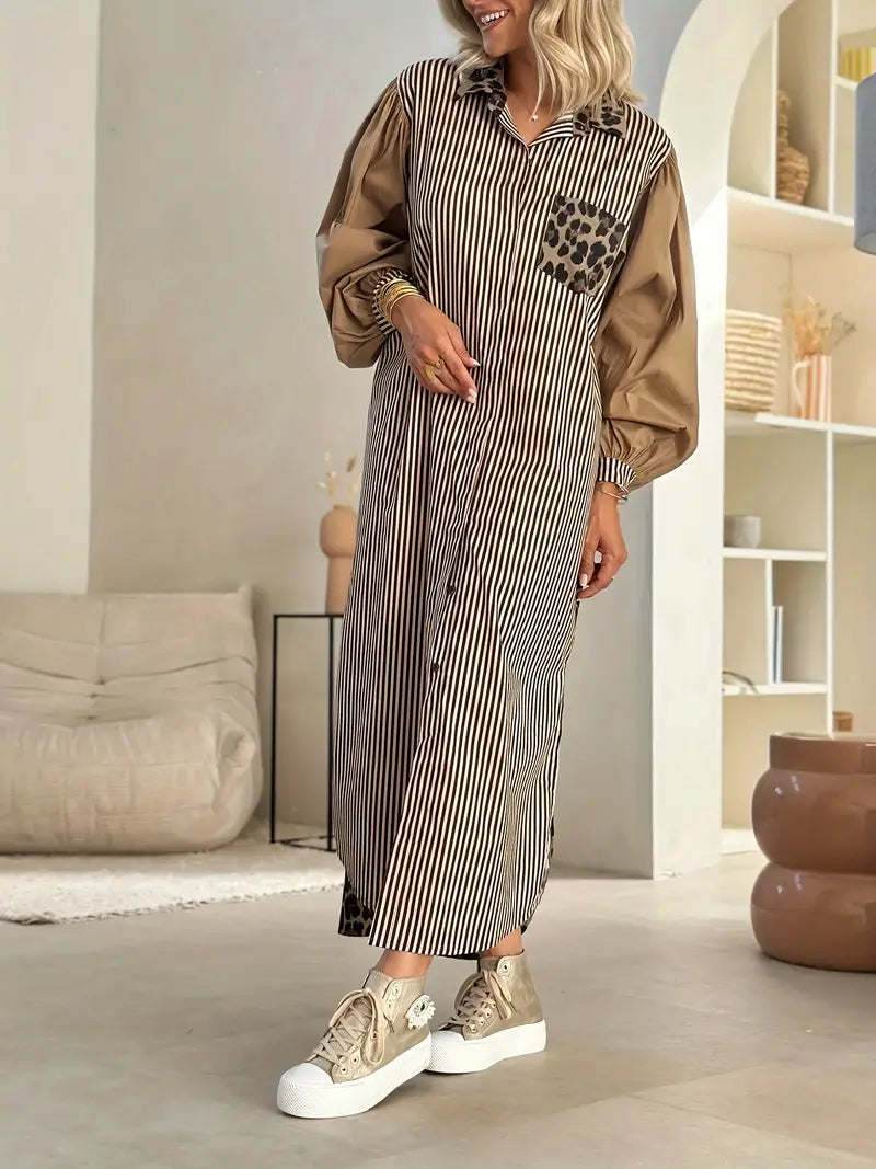 Dorothy | Stylisches Maxikleid mit Leopardenmuster und Streifen für Frauen