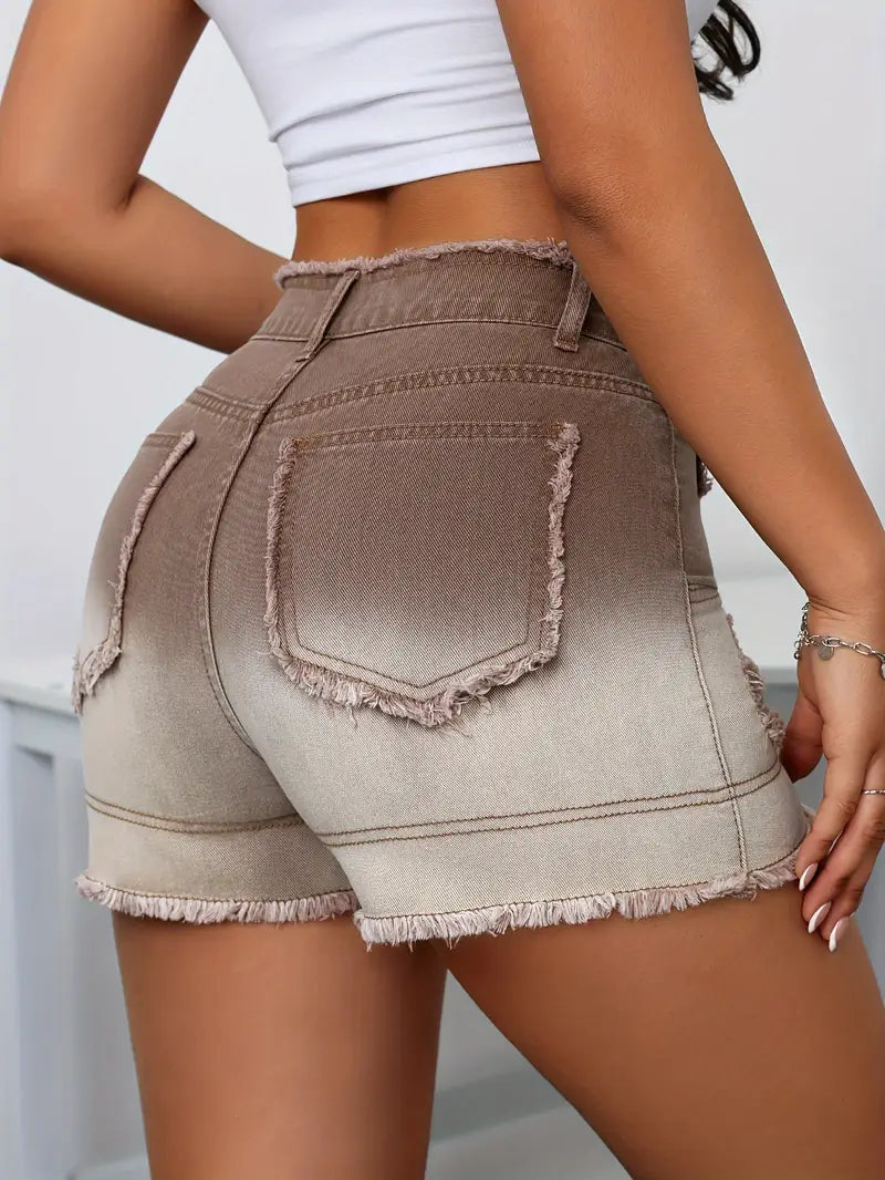 Romina | Ombre Gewaschene High-Rise Distressed Denim Shorts mit Rohkante