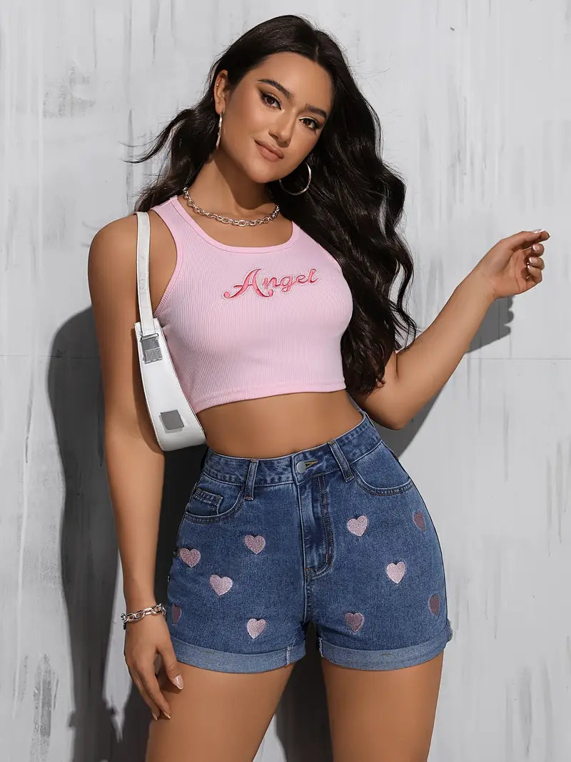 Laila | Mühelos schicke High-Waisted Denim-Shorts mit gestickten Herzen