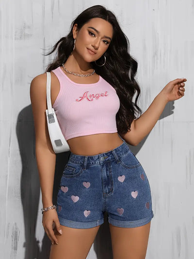 Laila | Mühelos schicke High-Waisted Denim-Shorts mit gestickten Herzen