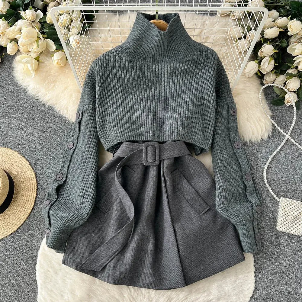 Zweiteiliger Anzug mit kurzem Strickrock und Weste, elegant und vielseitig, perfekt für einen modernen und femininen Look