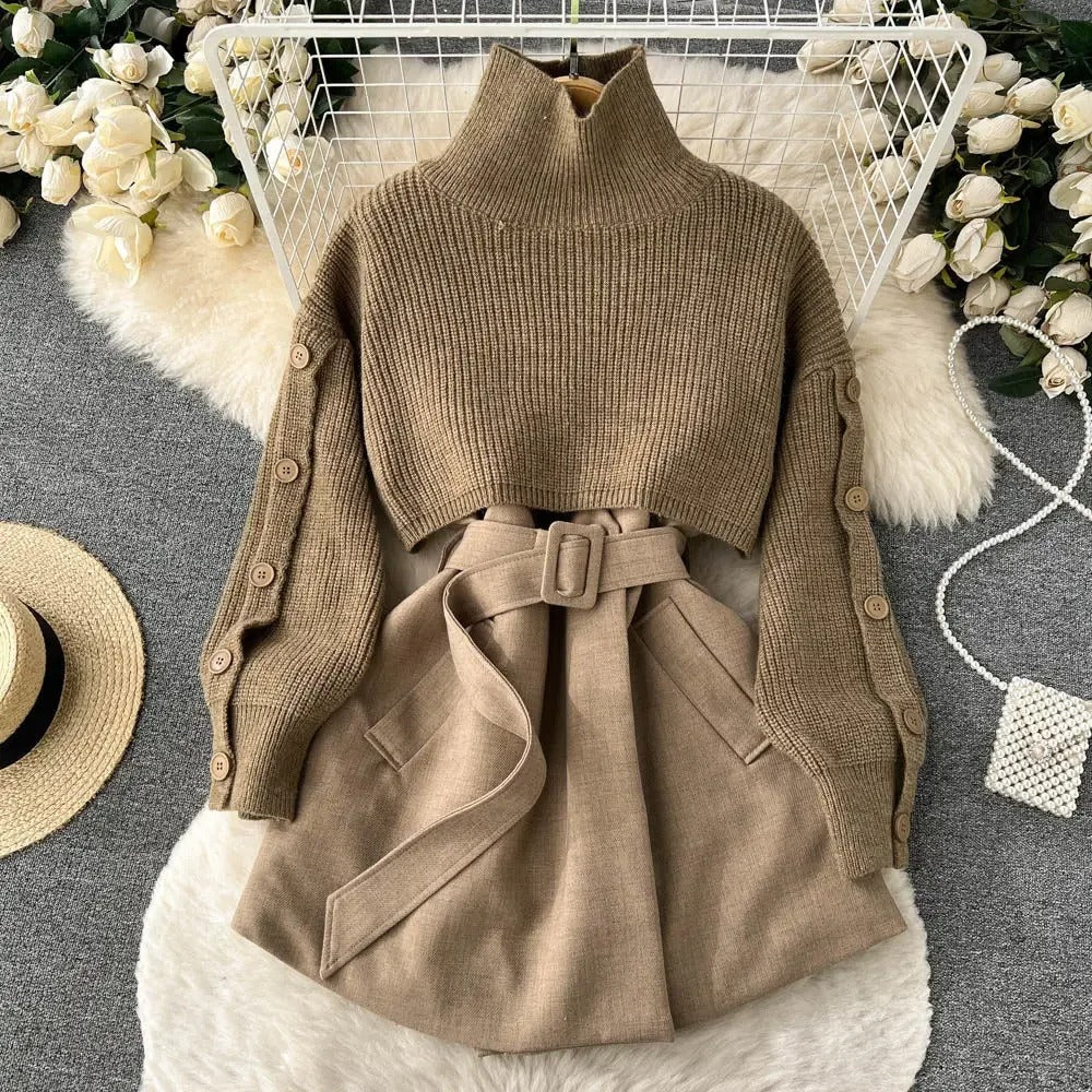 Zweiteiliger Anzug mit kurzem Strickrock und Weste, elegant und vielseitig, perfekt für einen modernen und femininen Look