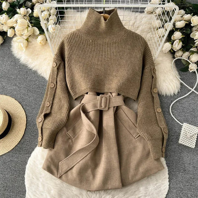 Zweiteiliger Anzug mit kurzem Strickrock und Weste, elegant und vielseitig, perfekt für einen modernen und femininen Look